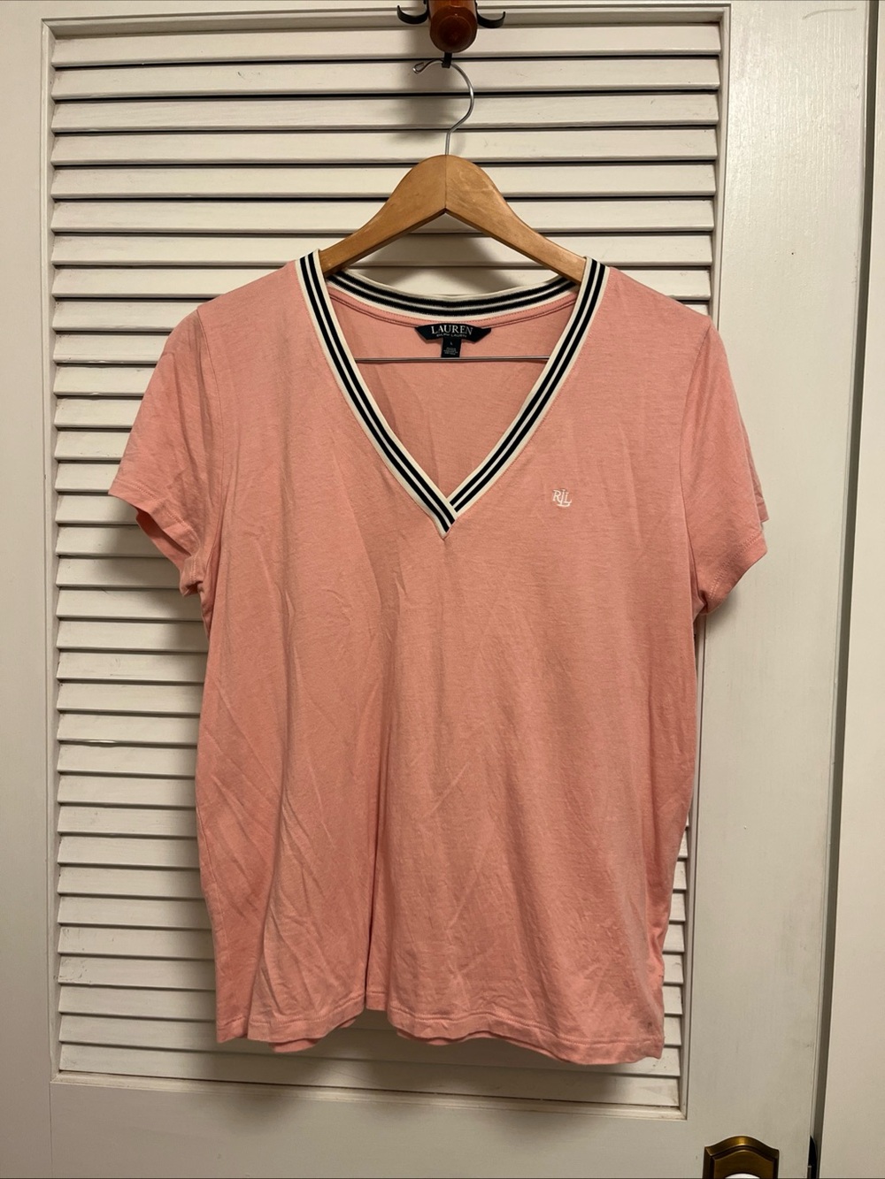 Lauren Ralph Lauren Coral Pink V-Neck Short Sleeve Tee with Striped Trim